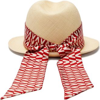 Valentino Garavani Logo Silk Scarf Wrapped Straw Hat Size M