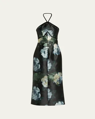 Markarian Domino Metallic Watercolor Halter Midi Dress