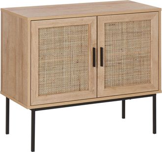 Beliani Aparador De 2 Puertas Madera Clara Frente De Rat&aacute;n Natural 72 X 80 Cm Patas De Metal Mimbre Estilo Boho Pasco