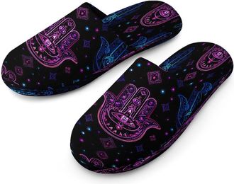 Generic Neon Glowing Hamsa Mandala Mens Cozy Memory Foam Slippers Warm Cotton House Shoes Comfy Slipper for Indoor Outdoor