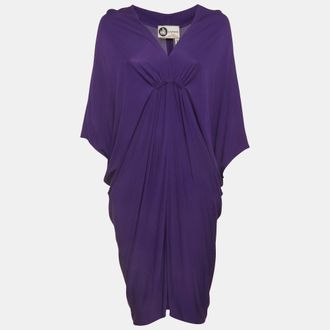 Lanvin Purple Stretch Knit Ruched V-Neck Mini