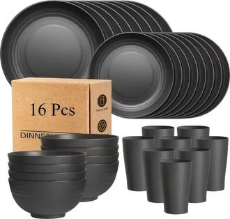 OEM Set Di Stoviglie Nere Da 16 Pezzi, Resistenti E Adatte Al Microonde, Ideali Per Feste