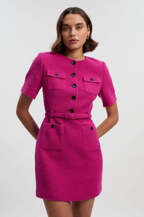 Karen Millen Womens Textured Tweed Belted Tailored Mini Dress - Fuchsia Cotton - Size 16 UK