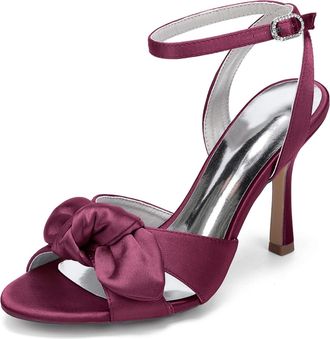 Generic Pearl Satin Bridal Stiletto Heel Womens High Heel Sandals Bowknot Wedding Party Shoes 9.5Cm,Burgundy,10 UK