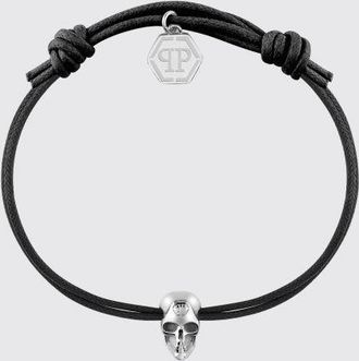 Philipp Plein Bracciale Skull in cotone e acciaio con logo Hexagon