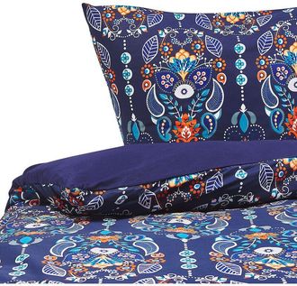 Beliani Conjunto De Fundas Y Almohada Algod&oacute;n Azul Oscuro 135 X 200 Cm Estampado Floral Juego De Edred&oacute;n De Lino Dormitorio Moderno Madrona