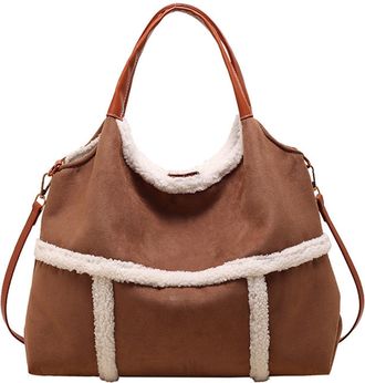 Generic Women Suede Tote with Faux Lamb Wool Lined,Vintage Plush Lamb Wool Lined Tote (Brown)