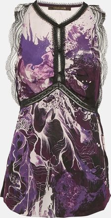Roberto Cavalli Purple/multicolor Printed Lace Trim Detail Top
