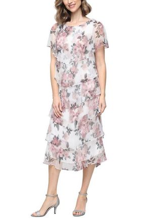 S.L. Fashions Tiered Floral Shimmer Midi Dress in Ivory/Pink at Nordstrom, Size 14P