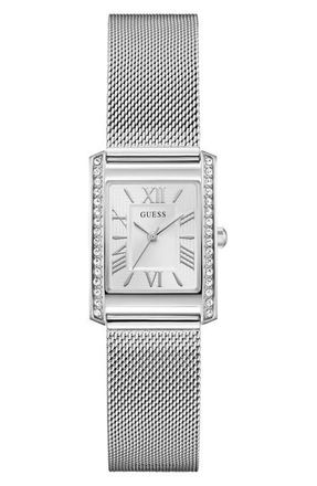 Guess Crystal Bezel Tank Mesh Strap Watch, 17mm x 23mm in White/silver at Nordstrom