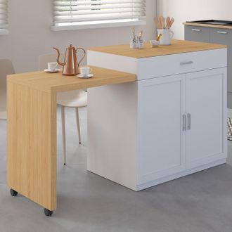 IDMarket Idmarket - Vito 94-155 Cm Isla Central En Madera Blanca Con Mesa De Comedor Extensible Integrada En Acabado Haya
