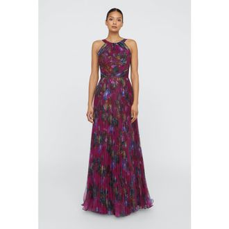 Theia Naveen Pleated Gown in Sangria Poppy Stripe at Nordstrom, Size 12