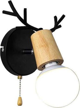 OEM Aplique De Pared De Madera Con Forma De Cuerno, Interruptor De Cord&oacute;n, Bombilla E27, Color Negro, Bombilla No Incluida
