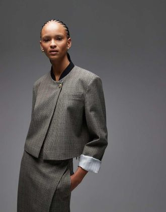 Asos Blazer a portafoglio corto a collo alto blu e grigio a quadri