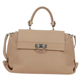 Ferragamo Sofia Satchel Grainy Leather Beige Leather Handbag (Pre-Owned)