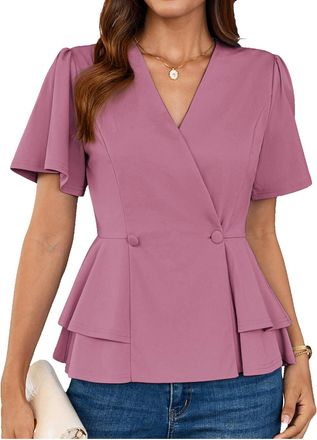 Grace Karin Womens Blouses Short Sleeve V Neck Wrap Tops Formal Black Business Work Tops T Shirt Slim Fit XL Pink -10