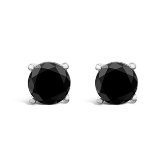 House of Brilliance 14K White Gold Round Brilliant-Cut Black Diamond Classic 4-Prong Stud Earrings with Screw Backs