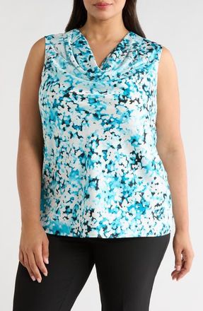 Kasper Floral Print Cowl Neck Top in Aqua Oasis Multi at Nordstrom, Size 1 X