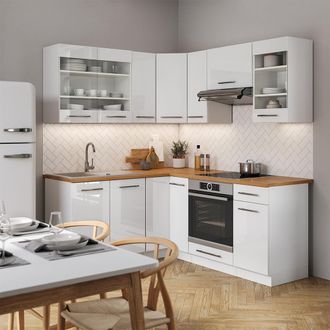 Vicco Cocina Esquinera Fame-line, Blanco/blanco Alto Brillo, 190 X 160 Cm Sin Encimera