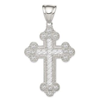 Diamond2Deal Sterling Silver Rhodium-plated Cubic Zirconia Budded Cross Pendant