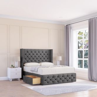 Sloomy Luthor Plush Wingback Bed Set, No Drawers & 54 Floor Standing Headboard in Dark Grey | Size: Small Single
