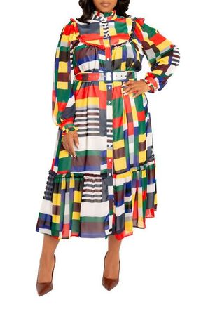 Buxom Couture Plaid Ruffle Bib Belted Long Sleeve Maxi Dress in White/Multi-Color at Nordstrom, Size 3X