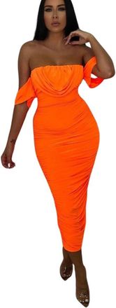 Femme Luxe Bardot Cowl Neck Ruched Midi Dress-Malia - Neon Orange - 14
