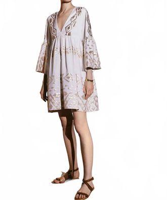 Lace Long Bell Sleeve Mini Dress In White Gold