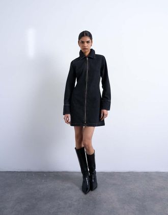 Topshop Vestito corto in denim nero slavato a maniche lunghe con zip