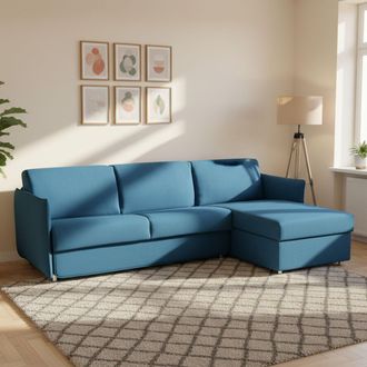 Dmora Sof&aacute; Cama Con Chaise Longue Scordia, Desenfundable, Almacenaje Made In Italy, Impermeable Multiuso Convertible En Cama, 260x160 Cm Azul