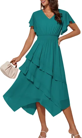 Grace Karin Casual Dress for Women UK Summer Lightweight Comfortable Irregular Sun Dresses S Blue-Green
