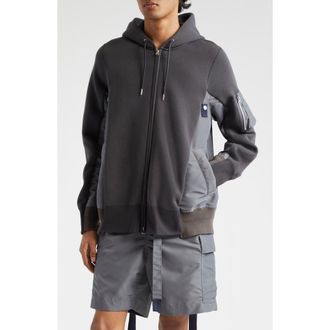 sacai Sponge Sweat Mixed Media Zip Hoodie in C/grayc/gray 339 at Nordstrom, Size 2