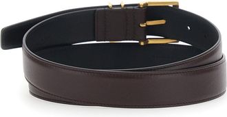 Saint Laurent Mens Belt With Cassandre Plate, Brown Leather