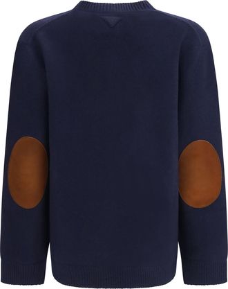 Prada Womens Crewneck Sweater With Suede Elbow Patches Blue Fleece Wool (ovis Aries) Sweatshirts