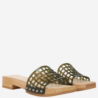 Vince Womens Wooden Sole Sandals Green Pvc Slippers Flat Shoes
