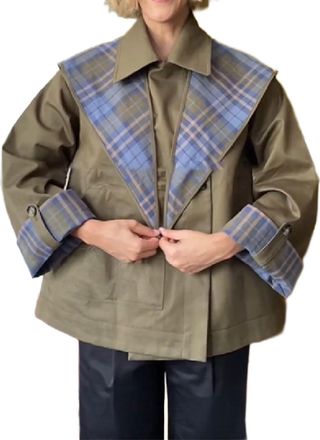 Generic Womens Short Trench Coats Fall Notch Collar Plaid Reversible Oversized Jacket with Pockets (Olive,M)