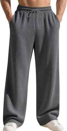 Generic Mens Casual Trousers Elastic Waist Drawstring Lightweight Textured Long Pants Spring Summer and Autumn Straight Wide Leg Loose Fit Slacks with Pockets