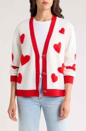 Alice & Olivia Bradley Intarsia Heart Wool Blend Cardigan in Soft White/Bright Ruby at Nordstrom Rack, Size Medium