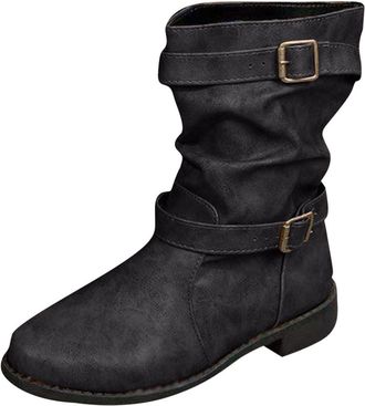 Generic Ankle Boots Wide Fit Women Mid-Calf Cowboy Cowgirl Boots with Low Chunky Heel Pull On Buckle Ladies Pixie Slouch Boot Fashion Western Shoes