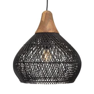 Macabane L&aacute;mpara colgante cloche de rat&aacute;n negro y teca de 40x40cm
