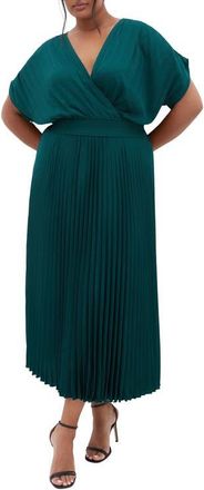 City Chic Elia Faux Wrap Pleated Dress in Emerald at Nordstrom, Size Xxs