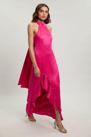 Karen Millen Womens Ruffle Detail Satin Viscose Halterneck Maxi Dress - Pink - Size 10 UK