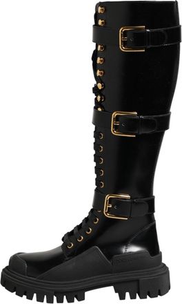 Dolce & Gabbana Black Buckle Embellished Knee High Boots Womens Shoes (Pre-Owned)