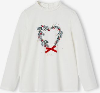 Vertbaudet Mädchen Shirt mit Weihnachtskranz, Recycling-Baumwolle wollweiß