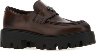 Prada Womens Dark Brown Leather Loafers Teak Mocassini