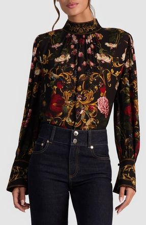 Alice & Olivia Marion Mock Neck Floral Blouse in Evermine at Nordstrom, Size X-Small
