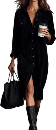 Generic Womens Corduroy Button Down Midi Shirt Dress, Casual Lapel a Line Pleated Tunic Shift Midi Long Dress with Pockets (Black,M)