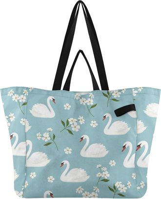 Generic Swans Flowers Blue print Reusable Canvas Tote Bag, Heavy Duty Grocery Shopping Bag with Large Capacity Hard Bottom Double Handles Work Groceries Trave