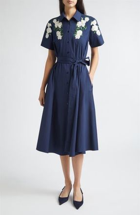 Carolina Herrera Floral Embroidered Midi Stretch Cotton Shirtdress in Midnight at Nordstrom, Size 10