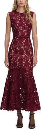 Self Portrait Burgundy Guipure Lace Midi Dress with Defined Waist